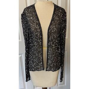 Papell Boutique Evening Jacket Sz MED Black 100% Silk Full Sequins & Beads Sheer